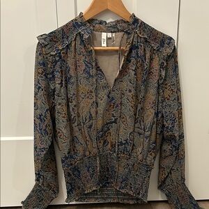 Blue and Brown Paisley V-Neck Puff Sleeve Blouse